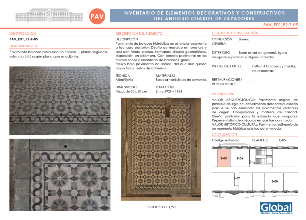 FICHA PAVIMENTO ANTIGUO CUARTEL DE INGENIEROS ZAPADORES (BRL) AÑO 1921 PARA FOTO PORTADA ESTUDIOS PREVIOS